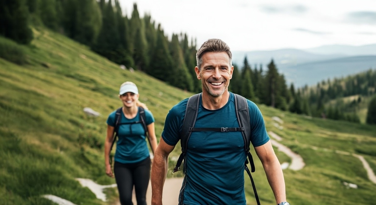 Active man with optimized testosterone levels hiking outdoors