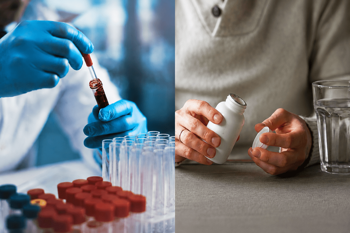 TRT vs testosterone boosters comparison showing clinical blood work and supplement bottle for Suffolk VA men